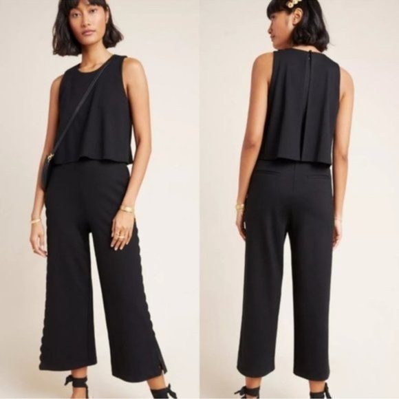 NWT ANTHROPOLOGIE Freya Scallop Essential Black Jumpsuit Size 0 - Picture 1 of 7